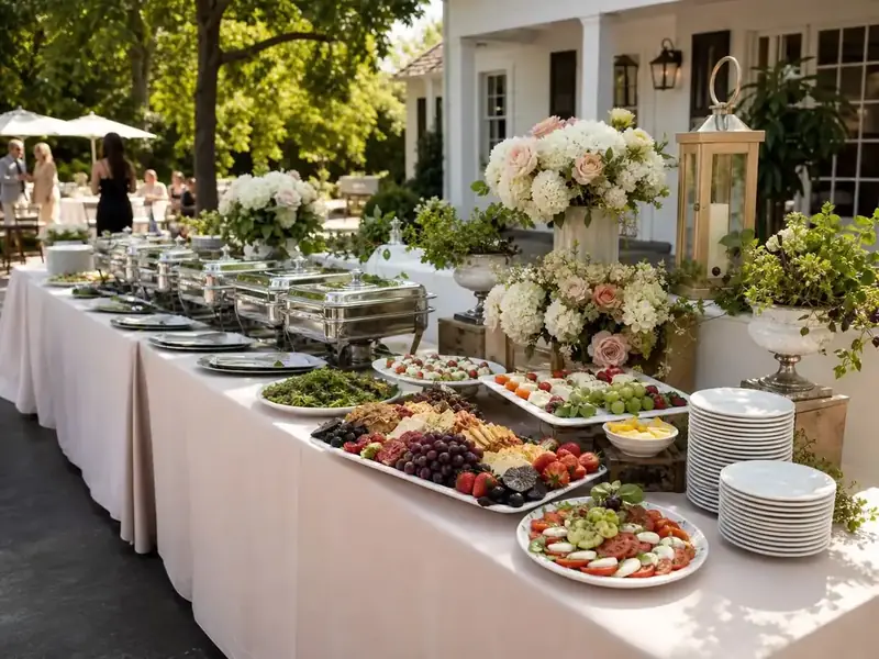 San Mateo wedding catering setup featuring colorful grazing boards, caprese salad, chafing dishes, and layered floral décor.